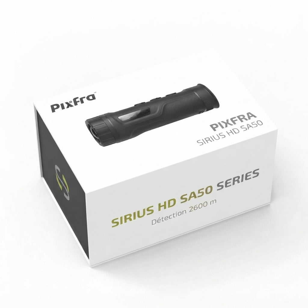 Boîte du monoculaire thermique Pixfra Sirius HD SA50 avec visuel du produit et emballage de la série Sirius HD