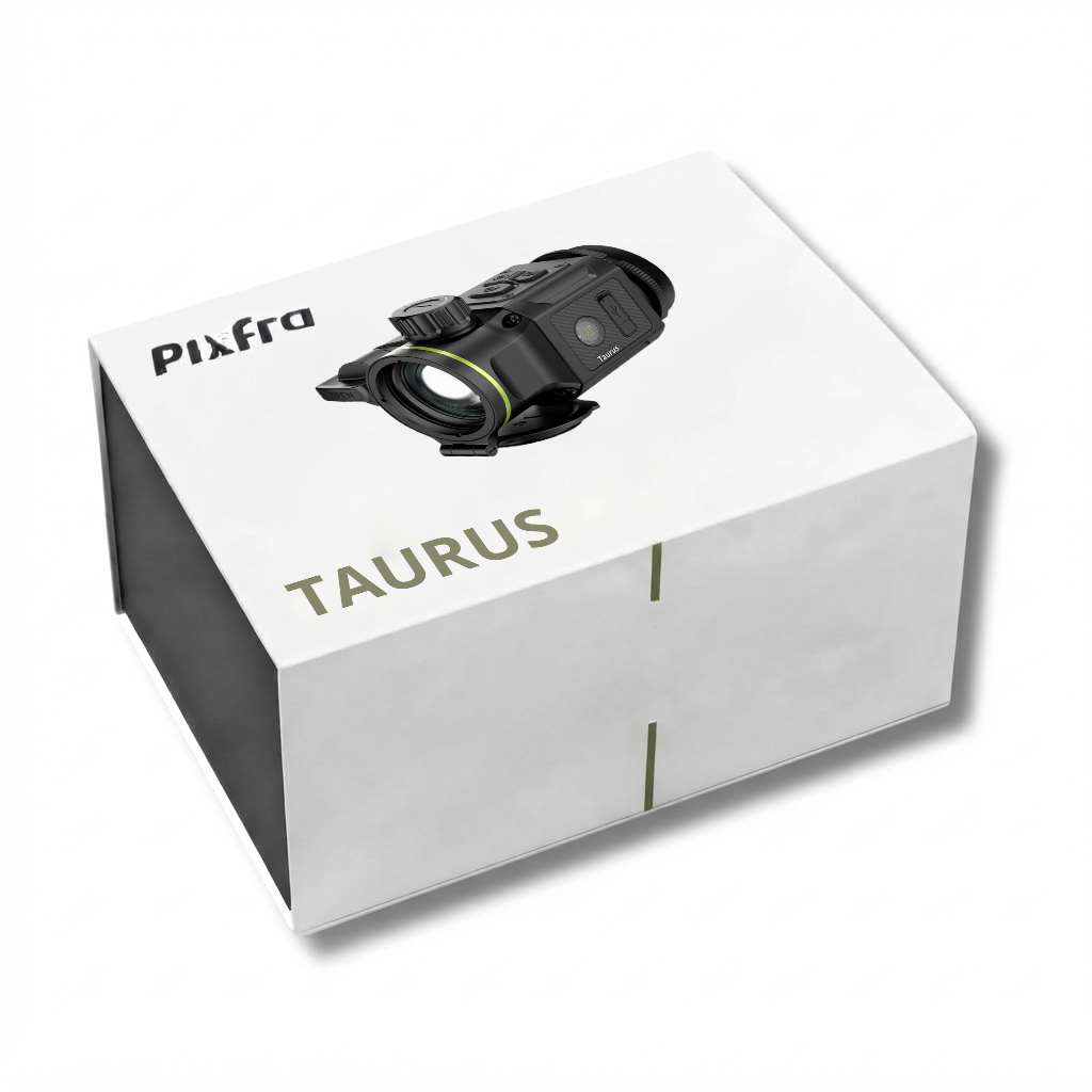 Boîte d'origine de la caméra thermique clip-on Pixfra Taurus, avec le logo Pixfra et le visuel du produit