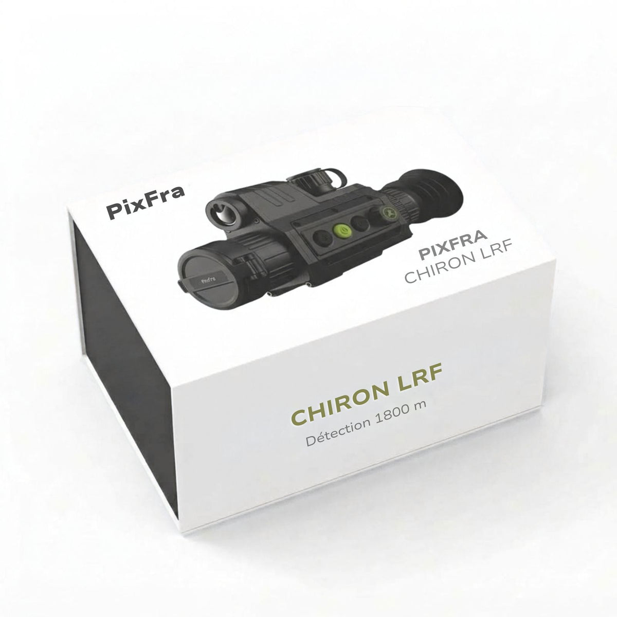 Boîte du monoculaire thermique Pixfra Chiron LRF avec visuel du produit et indication de détection jusqu’à 1800 mètres
