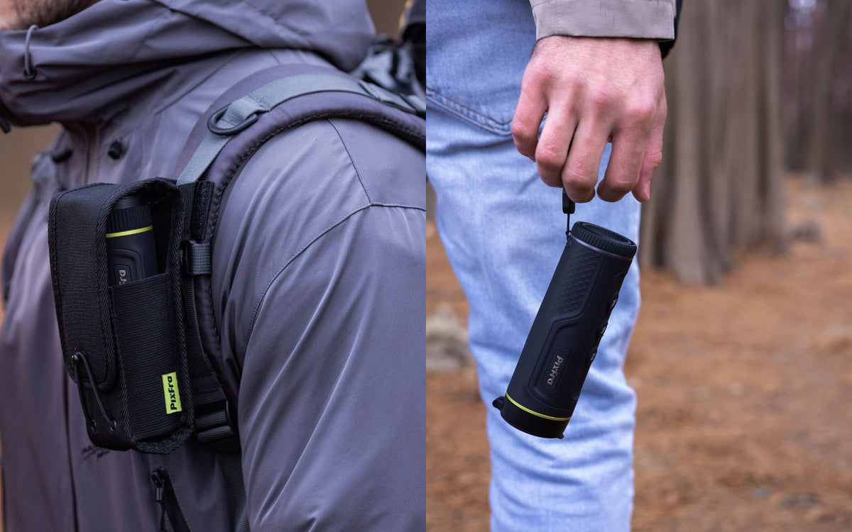 Monoculaire thermique Pixfra Mile 2 M207 transporté dans son étui et porté à la main lors d’une activité outdoor